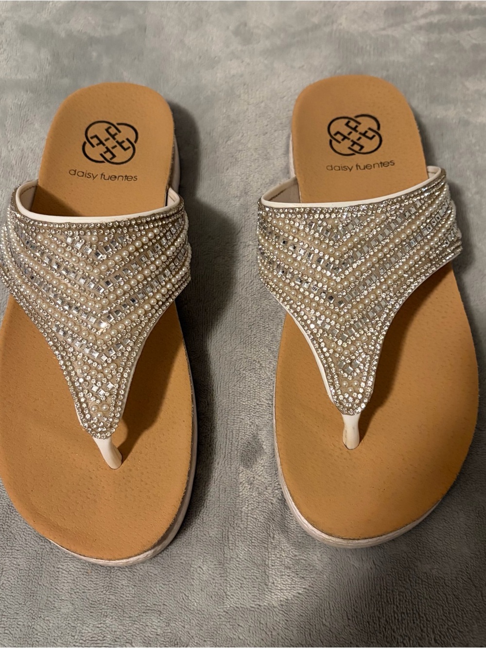 Daisy Fuentes Beige Crystal Embellished Thong Sandals